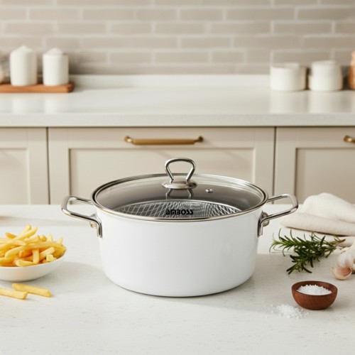 Amboss Crispella 22 Cm Cam Kapaklı Emaye Kızartma Tenceresi- Beyaz Amboss Crispella 22 Cm Cam Kapaklı Emaye Kızartma Tenceresi- Beyaz